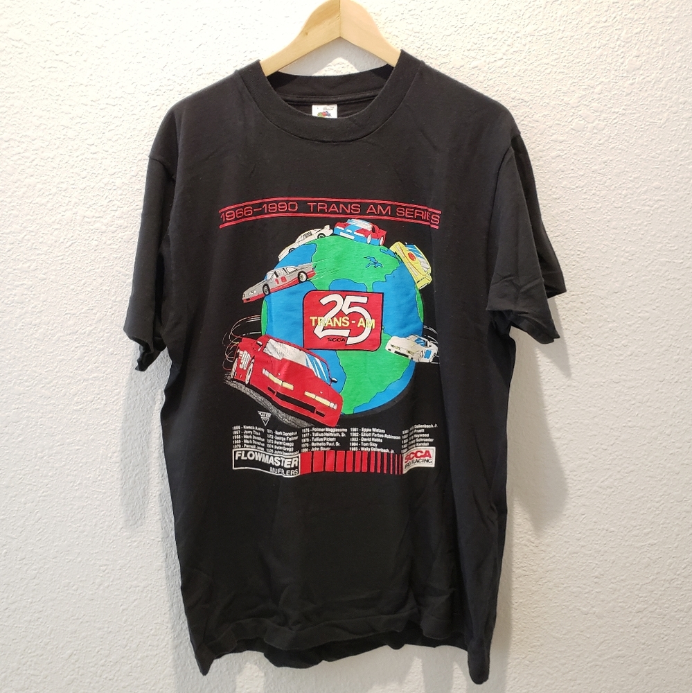 Vintage Trans Am Series Racing Flowmaster SCCA Double Sided T-Shirt Men's sz L